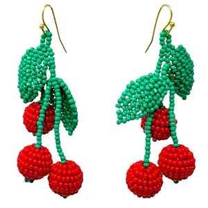 Seed Bead Red Cherry Cherries Statement Dangle Earrings